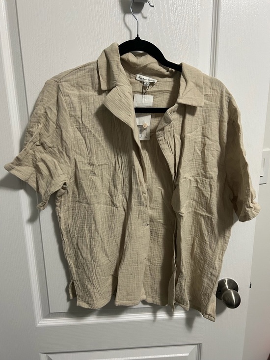 Pants - 2 piece cream beige gauze set! Lightweight Button-Up Short Sleeve and short set
